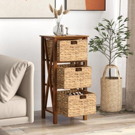 Giantex 3-Tier Nightstand with 3 Wicker Baskets, Wooden X-Design Side Table End Table, Beside Table with Acacia Wood Legs, Mid Century Accent Storage Cabinet for Small Spaces, Bedroom, Walnut