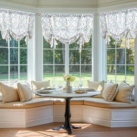 jinchan Linen Tie Up Valance for Flax Floral Drapes Vintage Farmhouse Medallion Window Treatments Light Filtering Curtain for Living Room Laundry Cafe Rod Pocket 1 Panel 45 Inch Blue