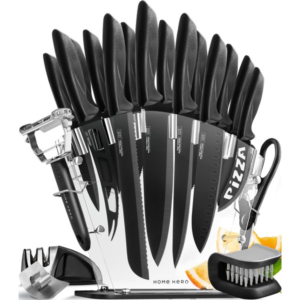 Home Hero Kitchen Knife Set, Chef Knife Set & Kitchen Utility Knives - Ultra-Sharp High Carbon Stainless Steel Knives with Ergonomic Handles (20 Pc Set, Black)