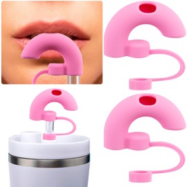 Pndeyo 2pcs Anti Wrinkle Straw Cover, Sideways Suck Food Grade Silicone Straw Topper Cap, Reusable Wrinkle Free Dustproof Straw Tips for 10mm Stainless Steel Metal Glass Straw- Pink