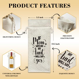 ltazhyi Linen Wine Bags Gift for Mom Aunt, Mothers Day Drawstring Wine Bottles Bags Gift for Mama Mom Mommy Auntie, If Mom Says No My Aunt Will Say Yes, 1 Pack Reusable Burlap Wine Bag - 20