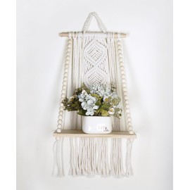 Wooden Macrame Wall Hanging w/Shelf & Sturdy Beaded Rope - Handmade Modern Living Room Decor - Macrame Wall Decor to Securely Hold Plants & More - Beautiful Boho Decorations for Interior Design