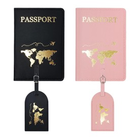 Sdhgerh 2 Pieces Passport Covers & 2 Pieces Suitcase Tags Leather Passport Holder & Luggage Labels for Travel Family Suitcase White Pink 10.8 x 14.2 cm, Black, Pink, Casual