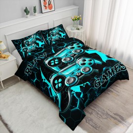Axolotl 3Pcs Gaming Comforter Set for Boys,Gamepad Bedding Sets Full Size Video Games Console Comforter Set Neon Geometric Quilt Set for Men Women Modern Honeycomb Comforter Set with 2 Pillowcases