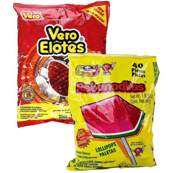 Vero Elote Strawberry Flavored and Rebanaditas Watermelon Paletas Con Chile - Spicy Chili Lollipops - Mexican Spicy Candy Kit - 2 Pack - 80 Pieces Total