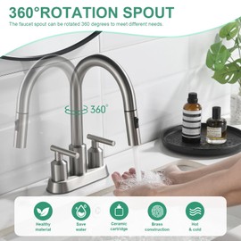 Bathroom Faucet with Pull Down Sprayer 3 Holes, Brushed Nickel 4 Inch 2 Handles Centerset Laundry Bar Basin Pull Out Bathroom Sink Faucet with Pop-Up Drain