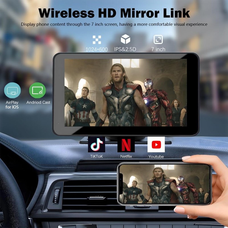 Wireless Carplay Screen for Car 7" Portable Apple Carplay &