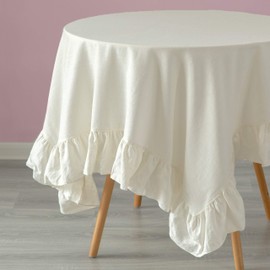 DEERLUX 100% Pure Linen Washable Tablecloth with Ruffle Trim, 52" x 70" Rectangle White