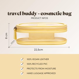 Travel Buddy - Cosmetic Bag | Transparent | Lemon Yellow | 100% Vegan Leather, transparent, Clear cosmetic bag with vegan leather in yellow