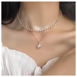 Erimberate Bohemian Layered Pearl Choker Necklace Gold Pearl Necklace Chain Vintage Pearl Pendant Necklace Layered Pearl Collar Necklace Chain Jewelry for Women and Girls Gifts