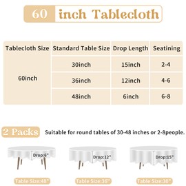 HAISIWLKJ 2 Pack 60 Inch White Round Tablecloth for Round Table Washable Reusable Outdoor Polyester Fabric Decorative Table Cover for Dining Table, Buffet, Camping, Baby Shower, Party