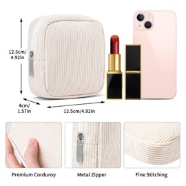 Small Makeup Bag for Purse – Mini Travel Cosmetic Pouch with Metal Zipper, Compact Corduroy Mini Makeup Bag for Cosmetics, Jewelry, Cables – Cute and Vintage Design, Beige