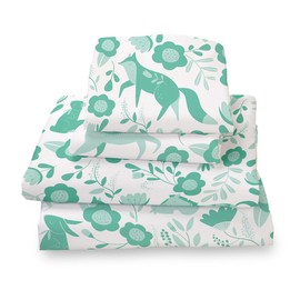 Where The Polka Dots Roam Green Folktale Full Size 4 Pieces Bedding Set, Super Soft Bedding, 1 Fitted Sheet, 1 Flat Sheet, 2 Pillowcases, Bedsheets for Kids, Boys, Girls, Seafoam Folk Tale Bedding