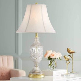Regency Hill Traditional Glam Style Table Lamp 26.5" High Cut Glass Urn Brass Gold Metal Clear White Cream Bell Glass Shade Decor for Living Room Bedroom House Bedside Nightstand Home