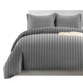 Imperial Rooms Duvet Cover Sets – Stripes Satin Quilt Cover Bedding Sets with Pillowcase, Reversible Ultra Soft Hypoallergenic Microfiber Bed Covers (Grey, Single)