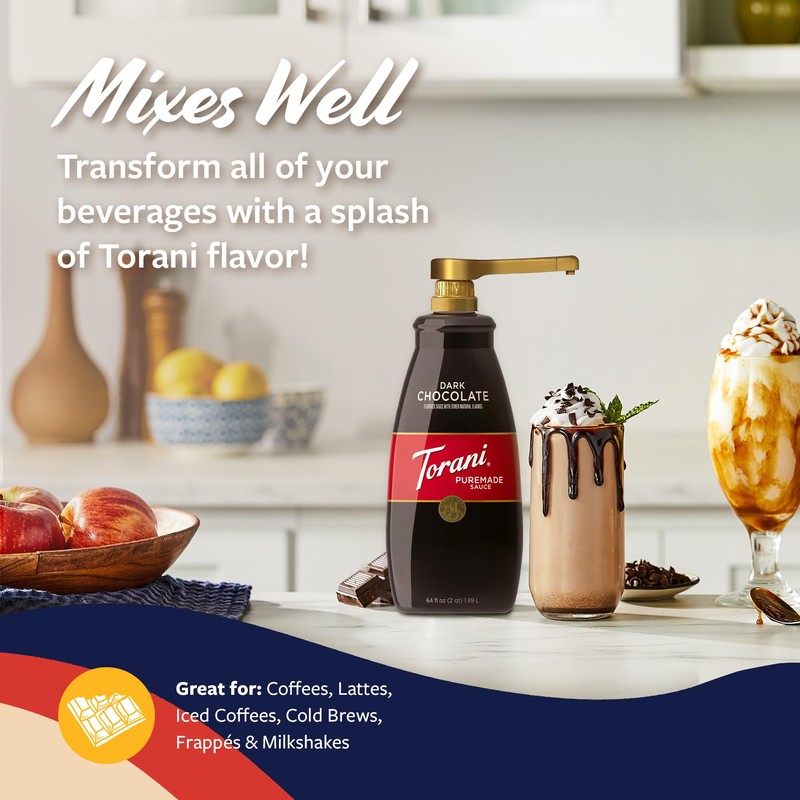 Torani Puremade Dark Chocolate Sauce for Coffeehouse Drinks and Desserts,