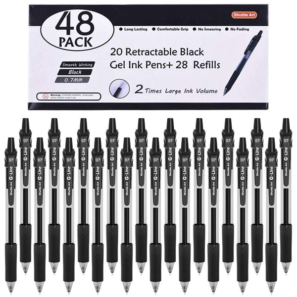 Shuttle Art Black Gel Pens, 48 Pack(20 Pens with 28 Refills) Retractable Medium Point Rollerball Gel Ink Pens Smooth Writing with Comfortable Grip for Office School Home Work