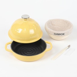 HAWOK Cast Iron Bread Cloche, Dia. 6.3inch/16cm, with Proofing Basket and Dough Scoring Knife, Sourdough Baking Pan Enameled Yellow