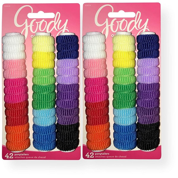Goody 32819 Ouchless Tiny Terry Ponytailers, Assorted Colors, 42 Piece Per Blister Pack; Perfect For All Hair Types, Pack of 2 Blister Packs (84 Total Pieces)