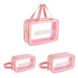 Set of 3 NUZAMAS Travel Toiletry Bag Transparent Makeup Bag Clear Waterproof Cosmetic Bag 3 Size of Travel Organizer Bag for Women and Girls Pink