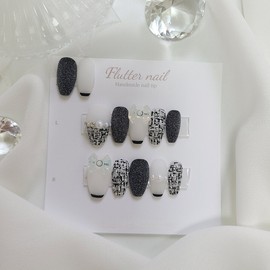 Black tweed ribbon handmade nail tip - Petit round / 블랙 트위드 리본 수제네일팁 - 쁘띠라운드