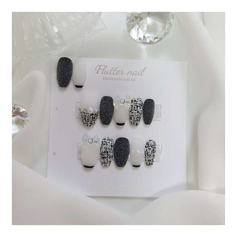 Black tweed ribbon handmade nail tip - Petit round /