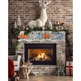 Victoroes Pumpkin Mantle Scarf 90 x 17 Inch, Watercolor Pumpkin with Eeucalyptus Leaves Retro Fireplace Mantel Scarf Mantel Cover Runner for Home Living Room Indoor Holiday Party Decor