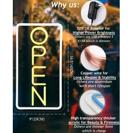 Open Signs for Business,Neon Open Sign Led,16.5"x 9",with Open/Closed Bussiness Hour Sign Set,Light for Bar Coffee Salon Store Window,12V/2A Adapter with ON/OFF Switch (Yellow/White Vertical)