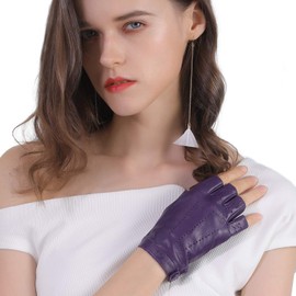 GSG SINCE 1998 Womens Fingerless Leather Gloves Unlined Sheepskin Genuine Leather Half-Finger Driving Gloves Purple X-Large