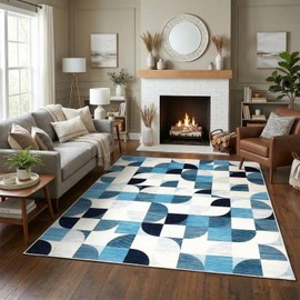 Washable Area Rug 5x7 Geometric Style Modern Rugs for Living Room, Blue Checkered Rug Soft Low Pile Lightweight Rugs Indoor Non Slip Mat Stain Resistant Carpet for Bedroom Playroom Kids, Navy