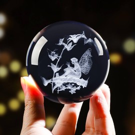 LINSINA 3D Fairy Crystal Ball Decorative Balls, 60mm Laser Engraved Fairy Figurines Glass Sphere Paperweight with Stand, Crystal Fairy Gifts for Women Men Kids