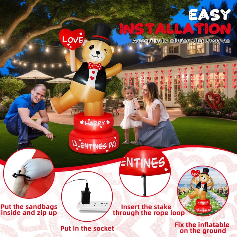 B&D 6FT Valentine Inflatables Outdoor Decorations, Rotating Valentines Bear Inflatable
