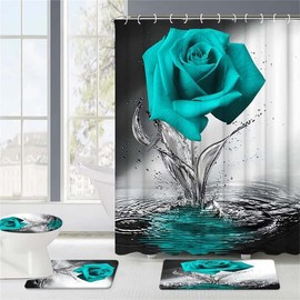 Springgrace Teal Rose Modern Style Floral Shower Curtain Set with Non-Slip Rugs, Bath Mat, Toilet Lid Cover and 12 Strong Hooks for Bathroom, 70.87"W x 70.87"L