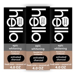 hello Epic Whitening Charcoal Fluoride Free Toothpaste, Activated Charcoal Toothpaste with Coconut Oil, Whitens Teeth Naturally, SLS Free, Fresh Mint, 3 Pack, 4.0 Oz Tubes