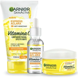Kit Garnier Express Aclara con Vitamina C – Rutina Antimanchas de 3 Piezas | Sérum Facial, Crema Hidratante y Gel Limpiador | Hidrata, Ilumina y Unifica el Tono de la Piel