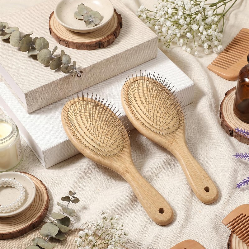 12 Pcs Bamboo Paddle Hair Brush with Steel Bristles for