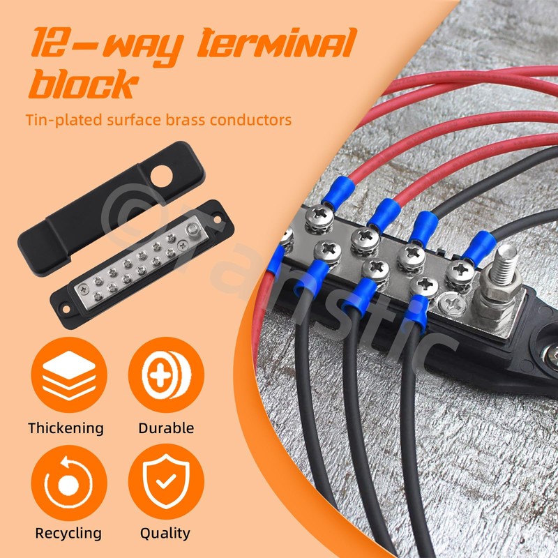 Tanstic 12 Terminal Power Distribution Block with Ring Terminals, 12