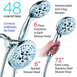 AquaCare Spa Station High Pressure 48-mode 3-way Rainfall & Handheld Shower Head Combo - Anti-Clog Nozzles, Extra-Long 6 ft Stainless Steel Hose, 2nd Wall Bracket/All Chrome Finish