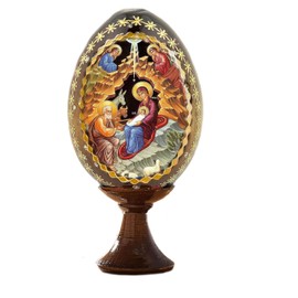 Needzo Nativity Scene Holy Family Russian Wooden Icon Egg, Christmas Decoration Gift with Egg Stand 4 1/4 inch