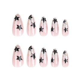 French False Nails, Press on Nails Medium Length, Acrylic White Tip Pearl Stick on Nails, 24pcs Almond False Nails with Glue Elegant Fake Nails for Women Girls (Almond Stars)