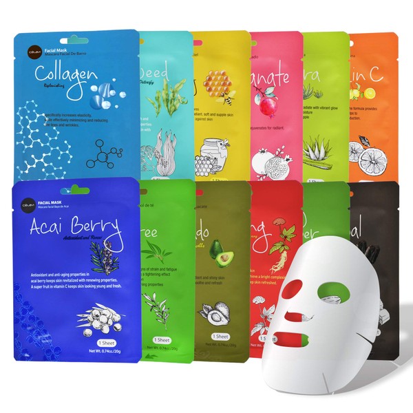 Celavi Essence Facial Sheet Face Mask Variety Set Classic Authentic Korean Moisturizing Skincare (12-Packs)