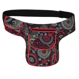 Kunst und Magie Mandala Belt Bag, Black/Grey, 28 x 18 x 4 cm, Adjustable Strap up to 110 cm, Multiple Compartments with Zip, black/red, Boho