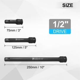 QUARKZMAN 1/2" Drive Impact Extension Bar 3" 5" 10" Chrome Vanadium Steel Extra Long Socket Extension Square Screwdriver Handle for Loosening and Tightening Black 3-Piece Set
