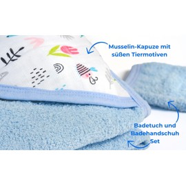 Tagopia Baby Bath Towel with Muslin Hood, Boy 2 Pieces with Wash Cloth 78 x 78 cm Blue Bath Towel Baby with Hood | Baby Bathrobe | Bath Poncho Baby | Baby Things for Newborns
