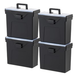 IRIS USA File Box Slim with Lid File Organizer for Letter File w/ Organizer-Lid, Water Resistant Document Box, Plastic Mobile Filing Organizer, Secure Buckle, Portable Handle, Lockable, Black 4 Pack