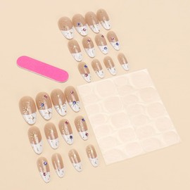 24Pcs White French Tip Press on Nails Medium Almond Fake Nails Press on Star False Nails with Rhinestones Designs Full Cover Nude Glossy Acrylic Nails Stars Stick on Nails for Women Girl DIY Nail Art