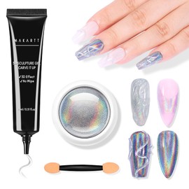 Makartt 3D Nail Gel with Holographic Chrome Nail Powder Kit, Clear Sculpting Glue for Nail Art, Molding Craving Gel and Rainbow Laser Effect Glitter Powder Set for Nail Decoration Manicure Charms
