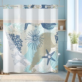 Yanutan No Hook Shower Curtain,Blue Ocean Double-Layered Shower Curtain with Snap-in Liner and Weights,Starfish Coral Nautical Coastal Fabric Bath Curtain with See Through Mesh, 71x74in
