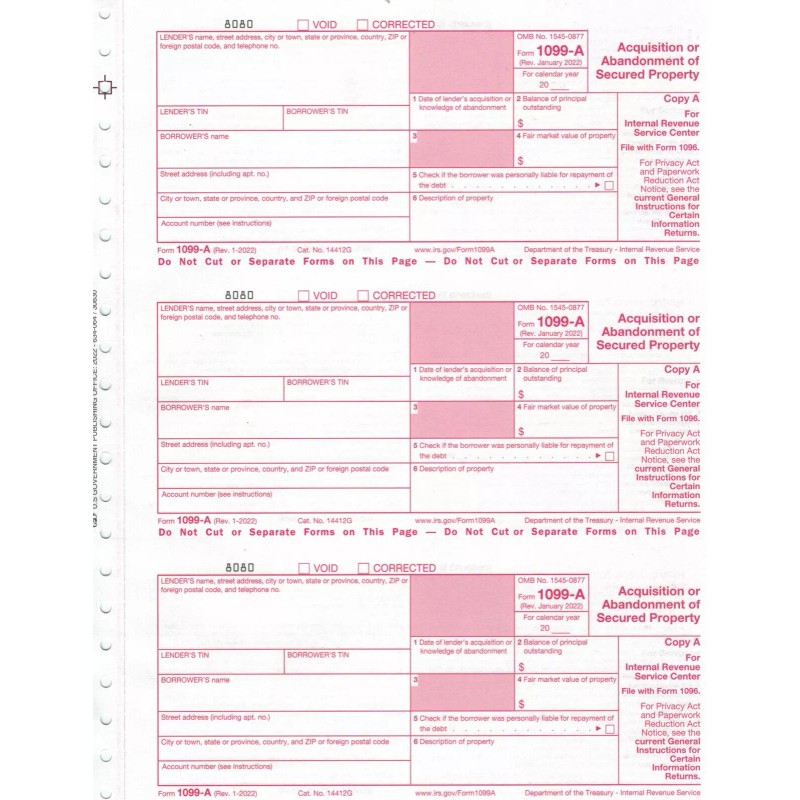 IRS 1099-A 2022 IRS Forms Package - 4 Total Forms;