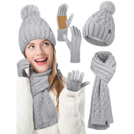 Aneco Women Winter Beanie Hat Scarf Gloves with Pom Pom Fleece Lined Touchscreen Gloves Set Thick Warm Knit Cap 3-in-1 Set Light Gray